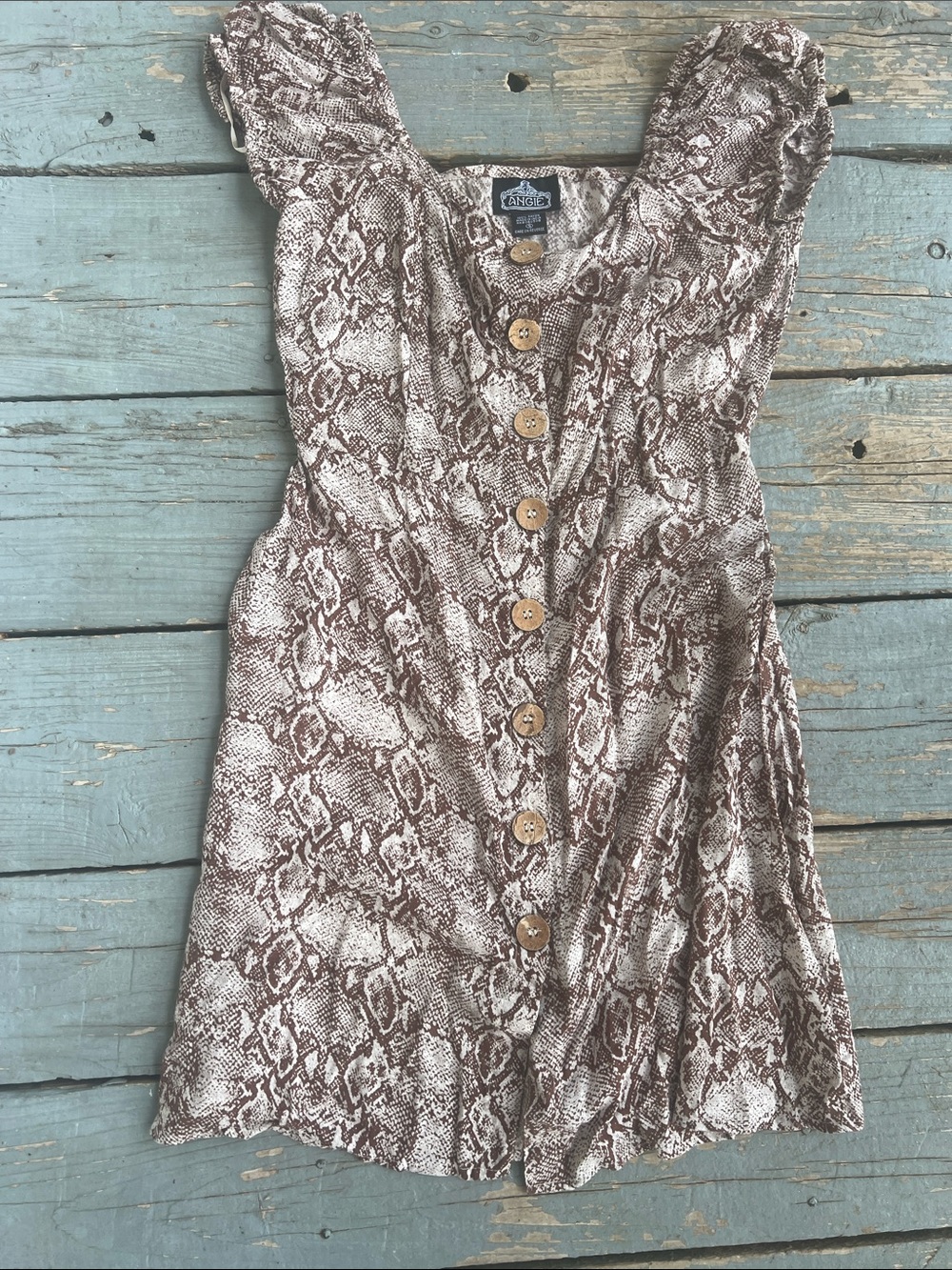 Angie size Small Snake Print Button-Front Mini Dress in Brown & Cream